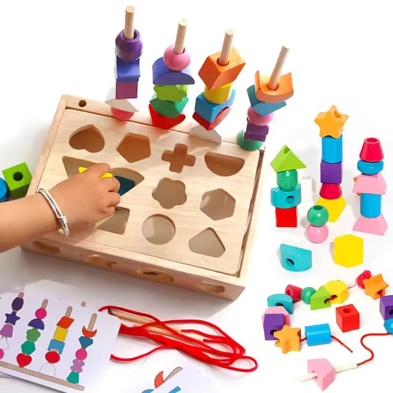Jeu Montessori 5-en-1 en Bois – Tri, Formes & Perles